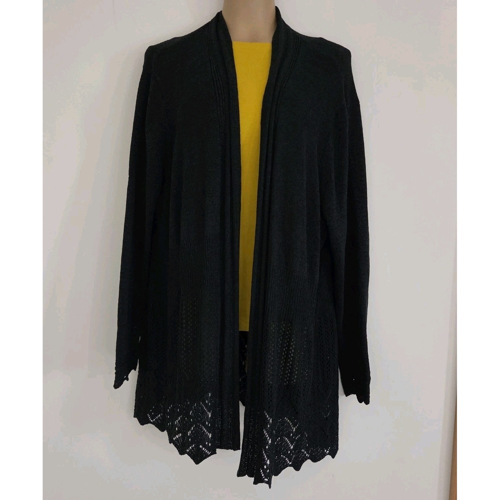 Napa Valley Black Open Front Cardigan Sweater Crochet Lace Trim Size 3X